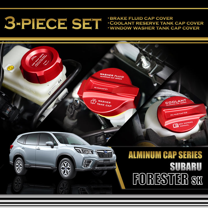 SUBARU FORESTER【Type:SK】Aluminum tank cap cover, set : brake fluid tank, coolant reserve tank, window washer tank 3pcs【for RHD&LHD】